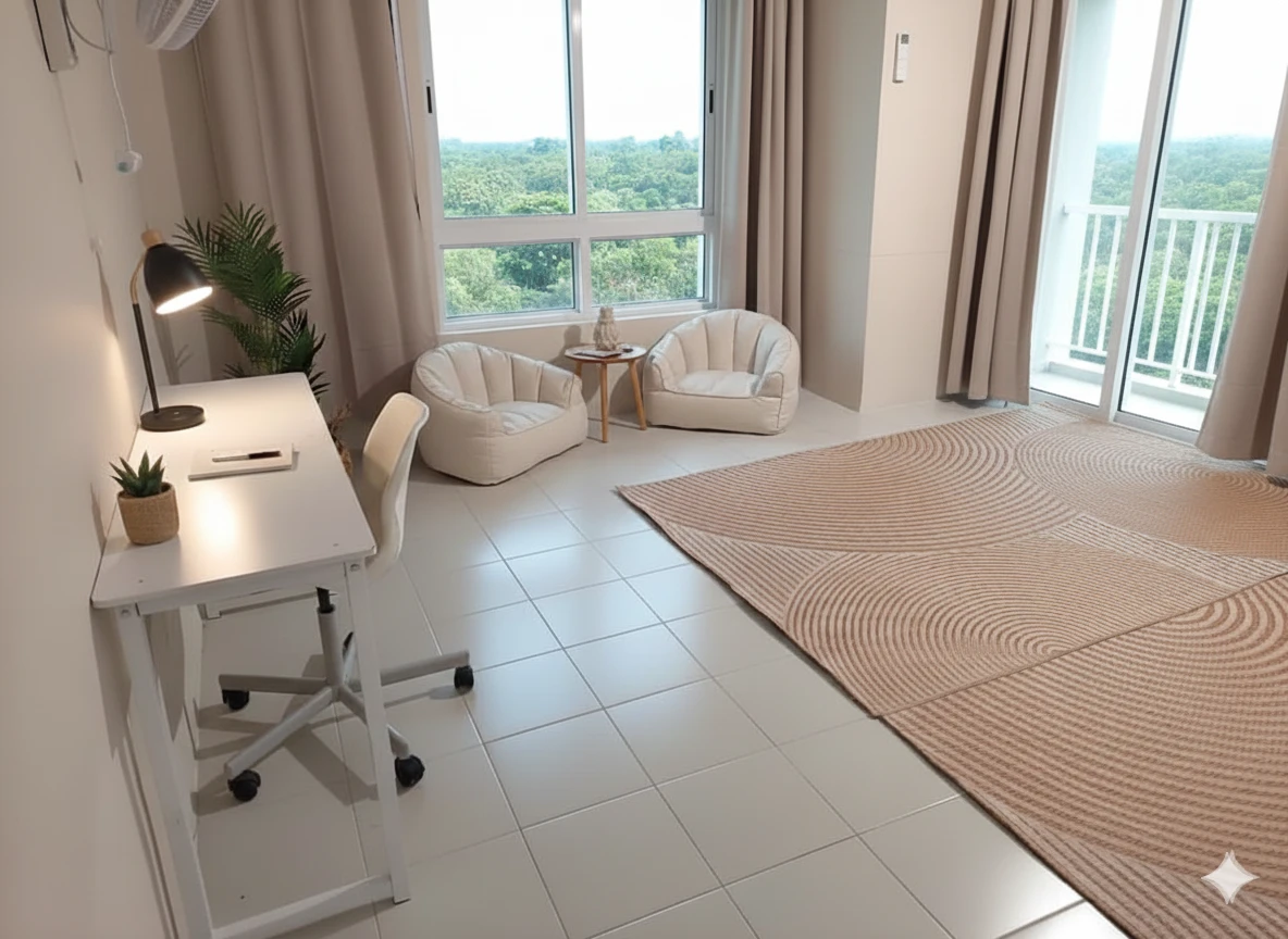 Bright work desk and lounge chairs